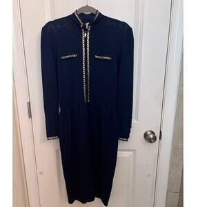 VTG St. John Navy Gold Santana Knit Sheath Midi Dress Sz 6 80's Old Money Luxury